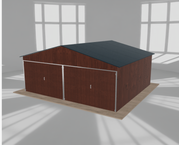 Skardinis garažas 6x5,5 m, dviejų vietų, dvišlaitis stogas, Medžio imitacijos – Modelis 2