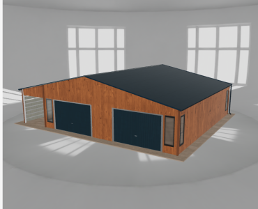 Skardinis garažas 9x9,5 m su stogine, Medžio imitacijos – Modelis 2