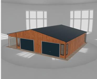 Skardinis garažas 9x10 m su stogine, Medžio imitacijos – Modelis 2