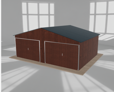 Skardinis garažas 6,5x5 m, dviejų vietų, dvišlaitis stogas, Medžio imitacijos – Modelis 2
